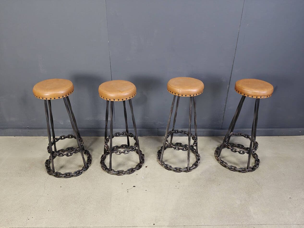 Zestaw czterech hokerów barowych Brutalist, skóra brązowa, żelazo, Niemcy, lata 70. - 264724