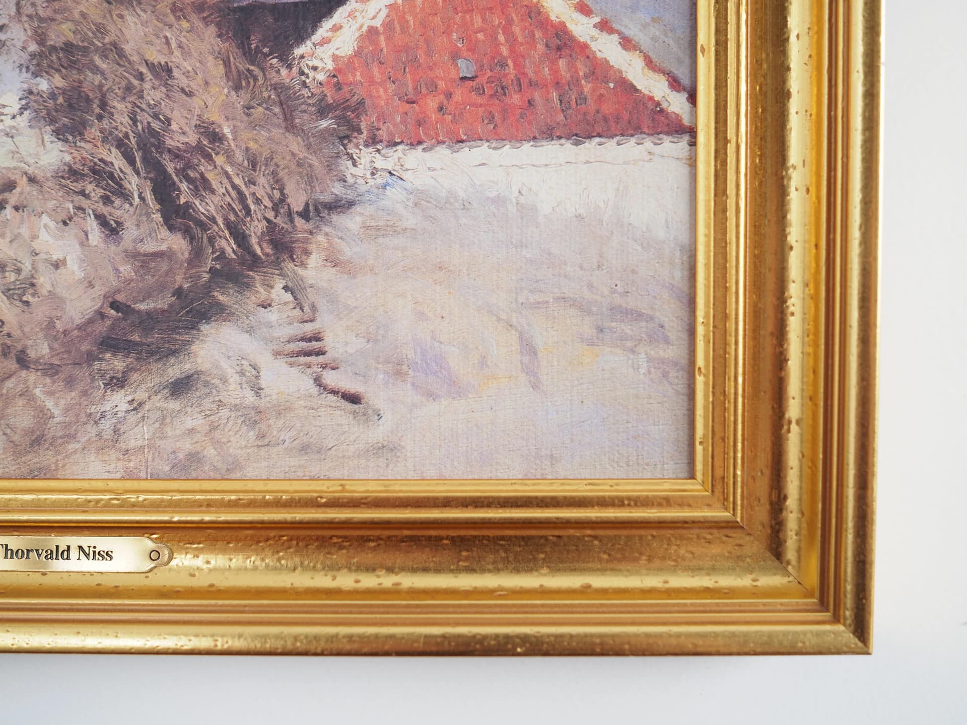 Obraz Tęcza nad wioską, olej na płótnie szary, rama drewno, styl skandynawski, lata 70. - 19898