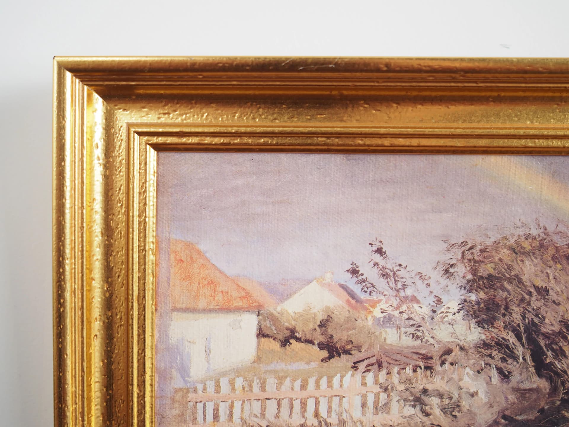 Obraz Tęcza nad wioską, olej na płótnie szary, rama drewno, styl skandynawski, lata 70. - 19895