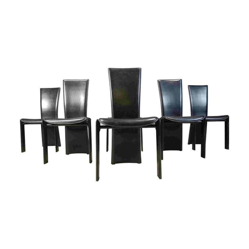 Set of six dining chairs, black leather, black wood, by P. Costantini, Italy, 1980s.