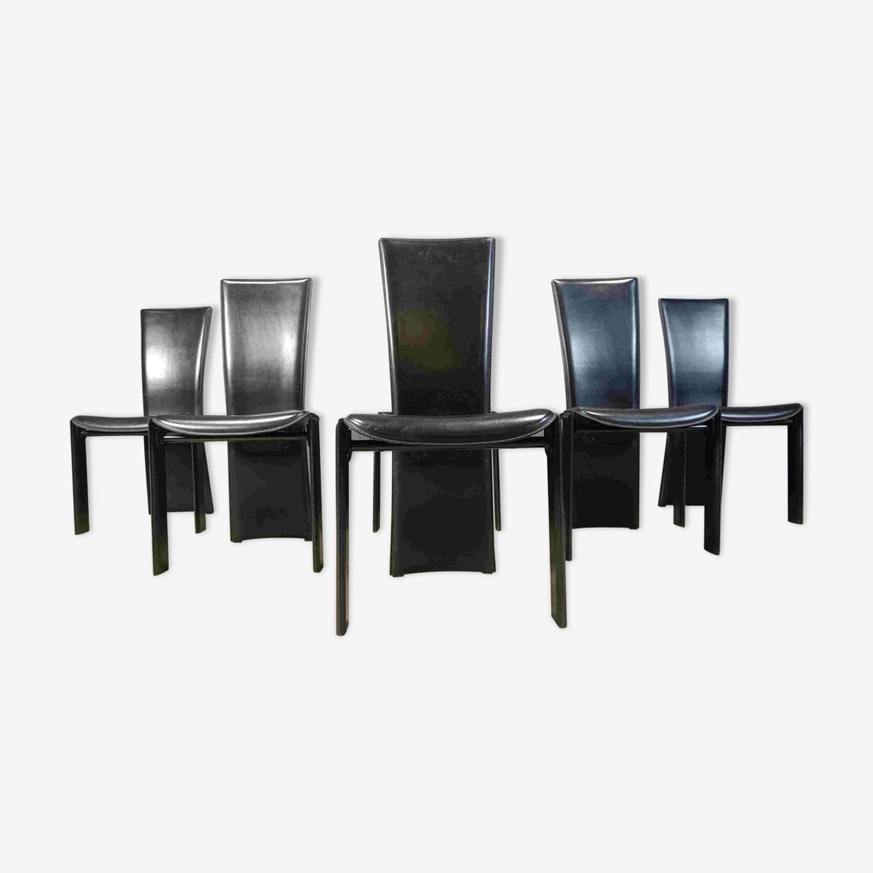 Set of six dining chairs, black leather, black wood, by P. Costantini, Italy, 1980s. - 264571