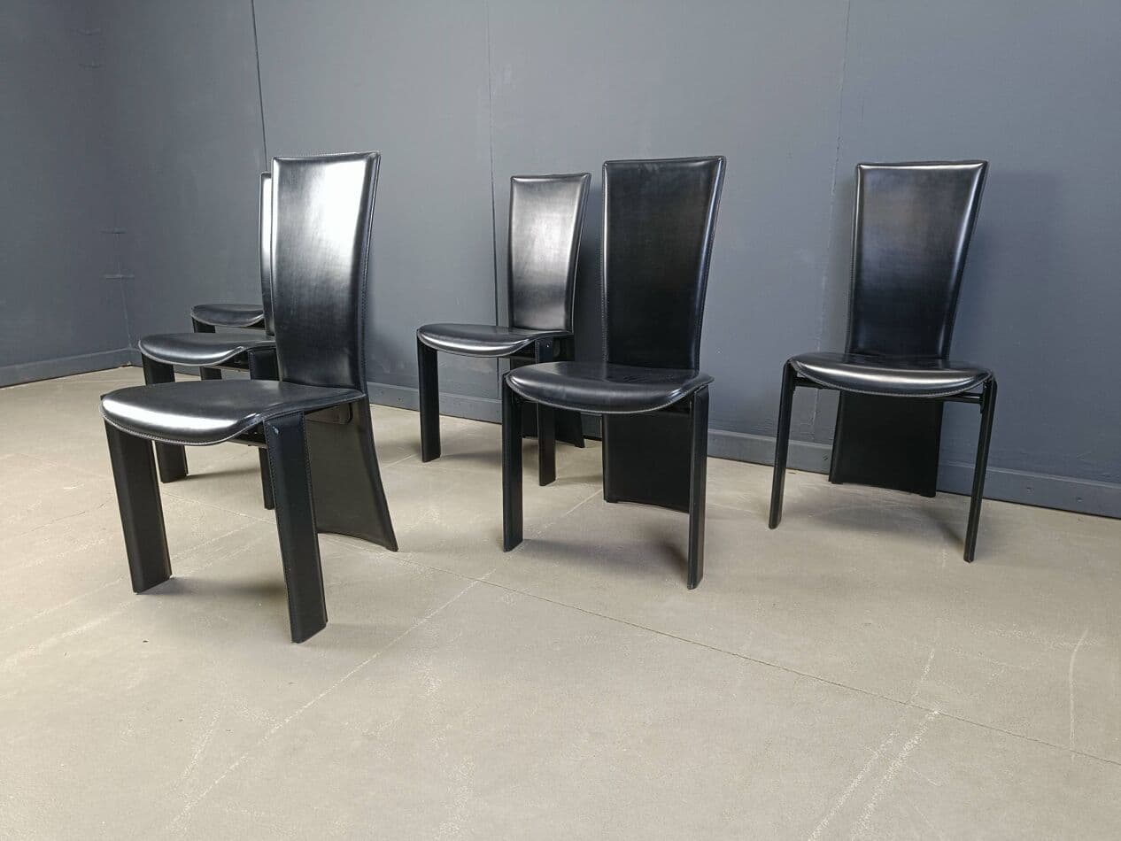 Set of six dining chairs, black leather, black wood, by P. Costantini, Italy, 1980s. - 264577
