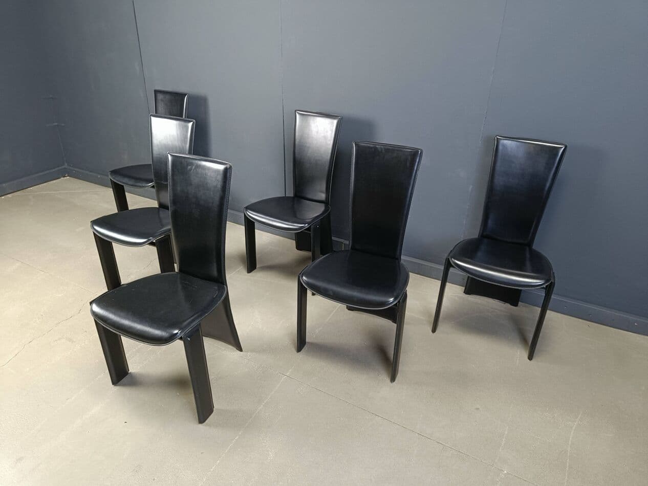Set of six dining chairs, black leather, black wood, by P. Costantini, Italy, 1980s. - 264576