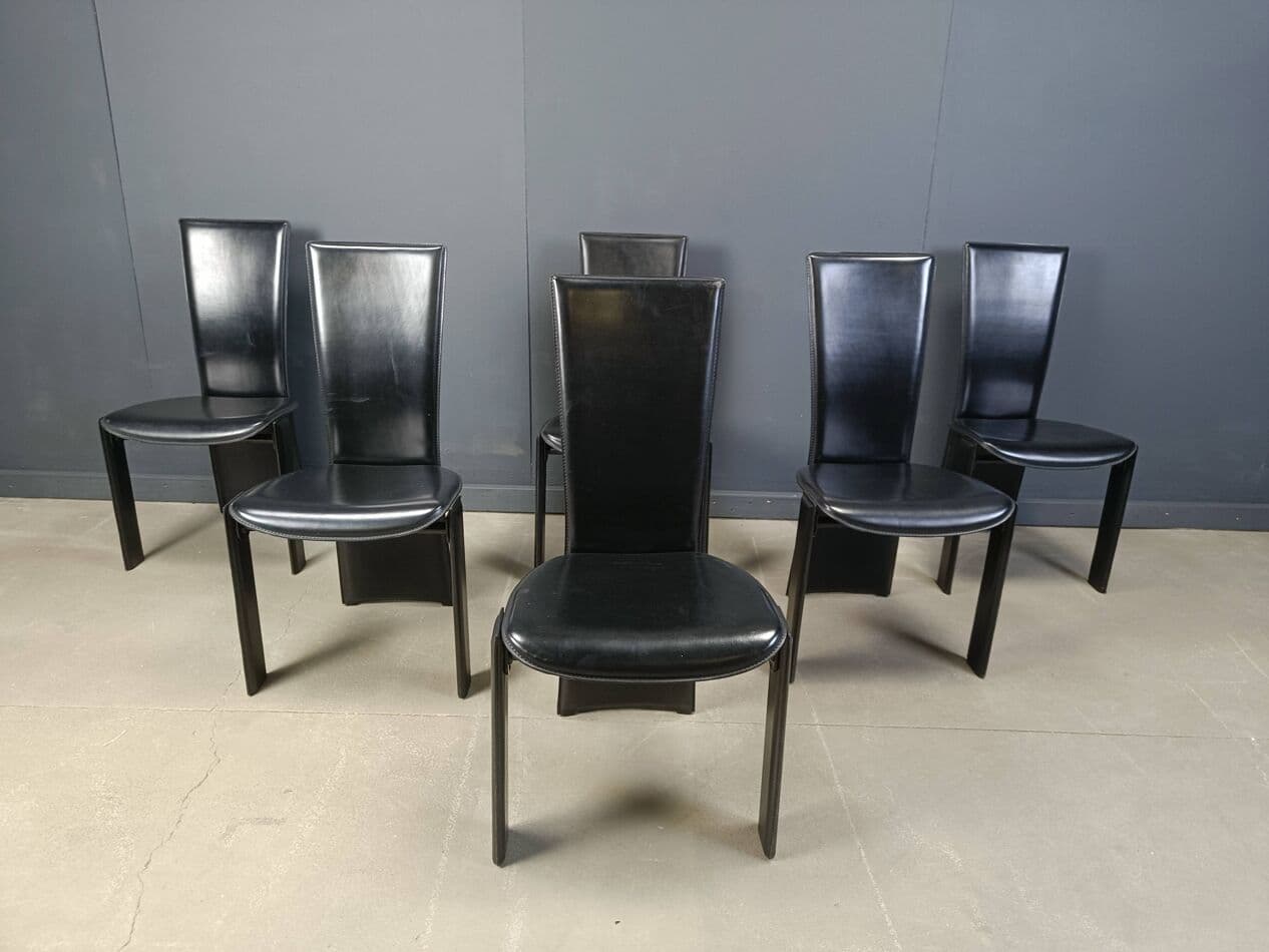Set of six dining chairs, black leather, black wood, by P. Costantini, Italy, 1980s. - 264567