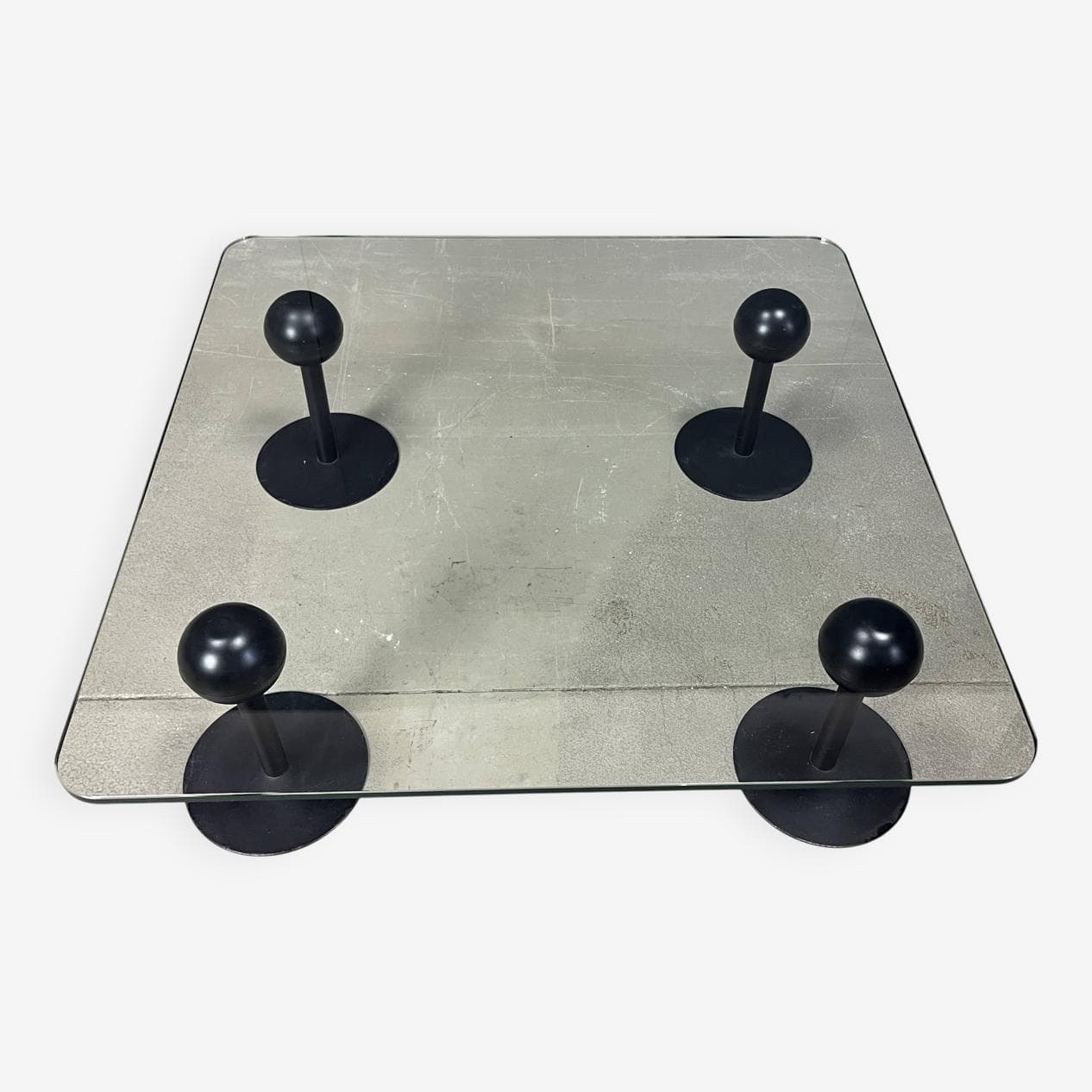 Coffee Table Pepper Young, transparent glass, black metal, by P. Starck, Spain, 1980s. - 264531