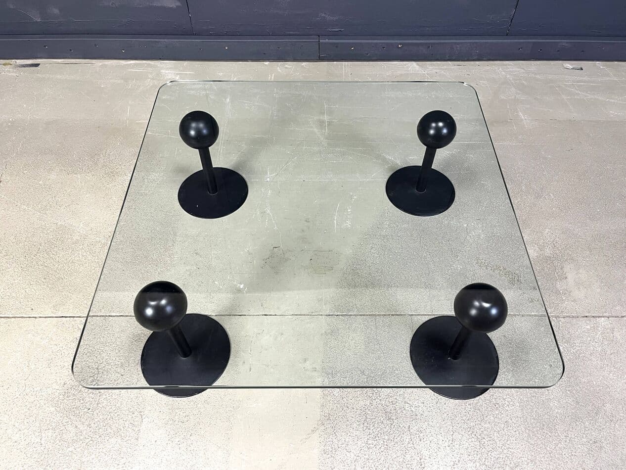 Coffee Table Pepper Young, transparent glass, black metal, by P. Starck, Spain, 1980s. - 264539