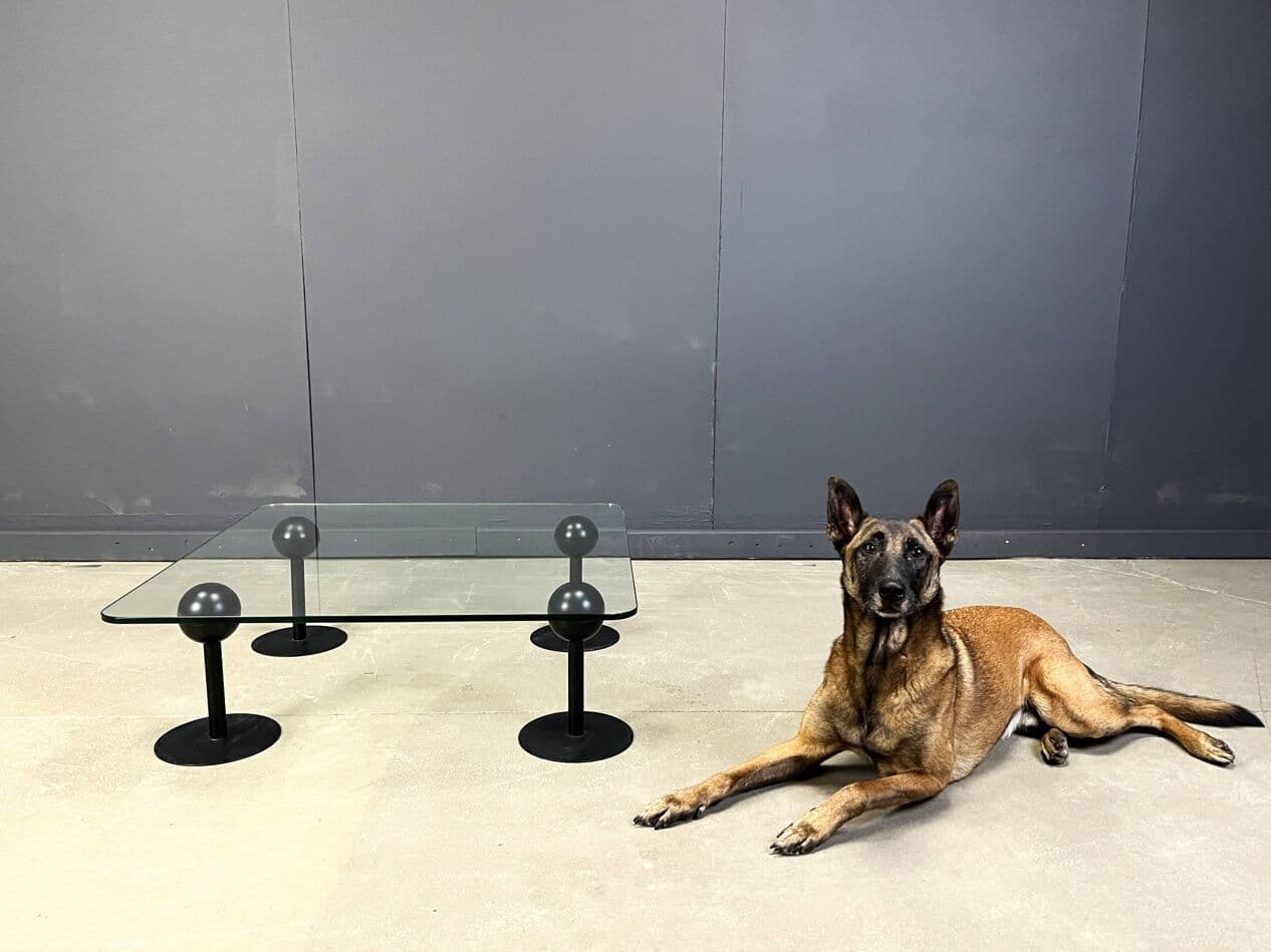 Coffee Table Pepper Young, transparent glass, black metal, by P. Starck, Spain, 1980s. - 264529