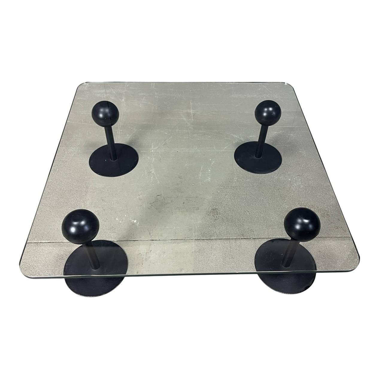 Coffee Table Pepper Young, transparent glass, black metal, by P. Starck, Spain, 1980s.