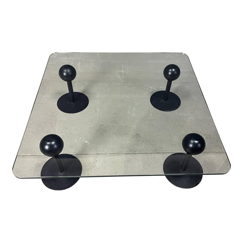 Coffee Table Pepper Young, transparent glass, black metal, by P. Starck, Spain, 1980s.