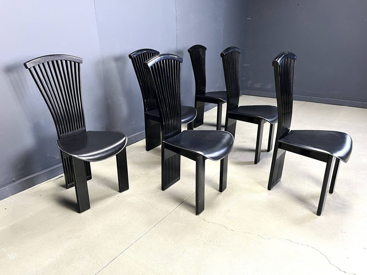 Set of six chairs Fan, black wood, black eco-leather, by P. Costantini, Italy, 1980s. - 264480