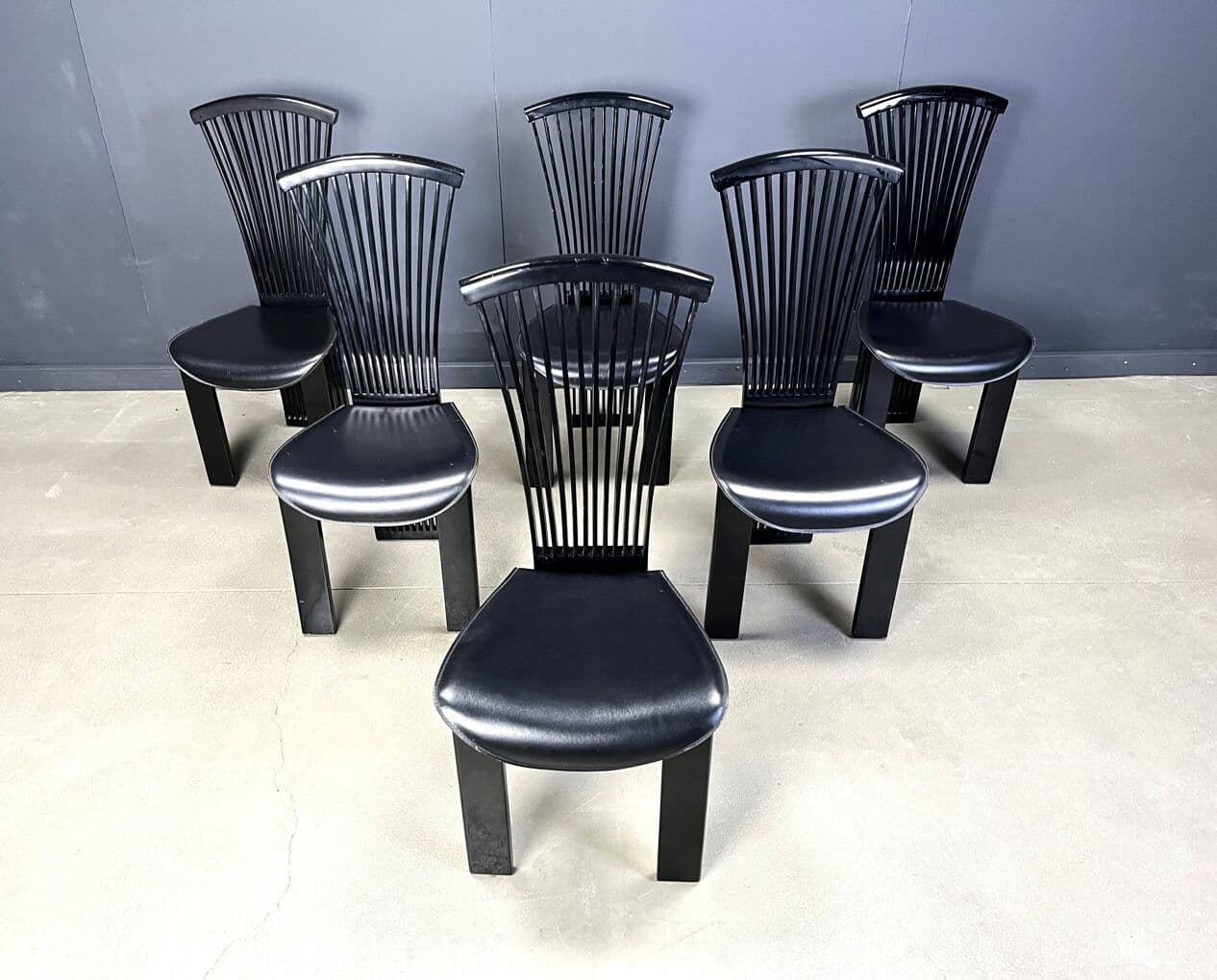 Set of six chairs Fan, black wood, black eco-leather, by P. Costantini, Italy, 1980s. - 264478