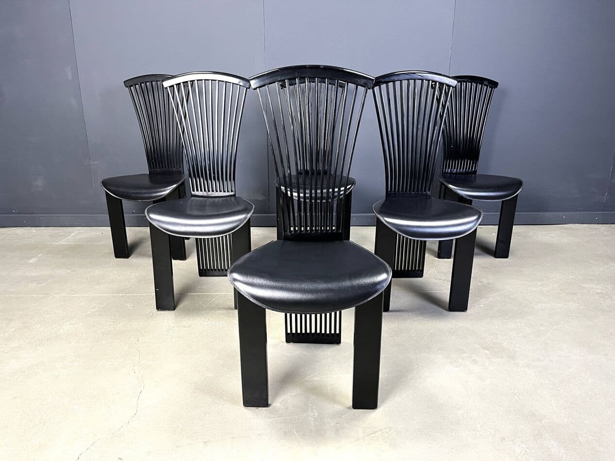 Set of six chairs Fan, black wood, black eco-leather, by P. Costantini, Italy, 1980s. - 264476