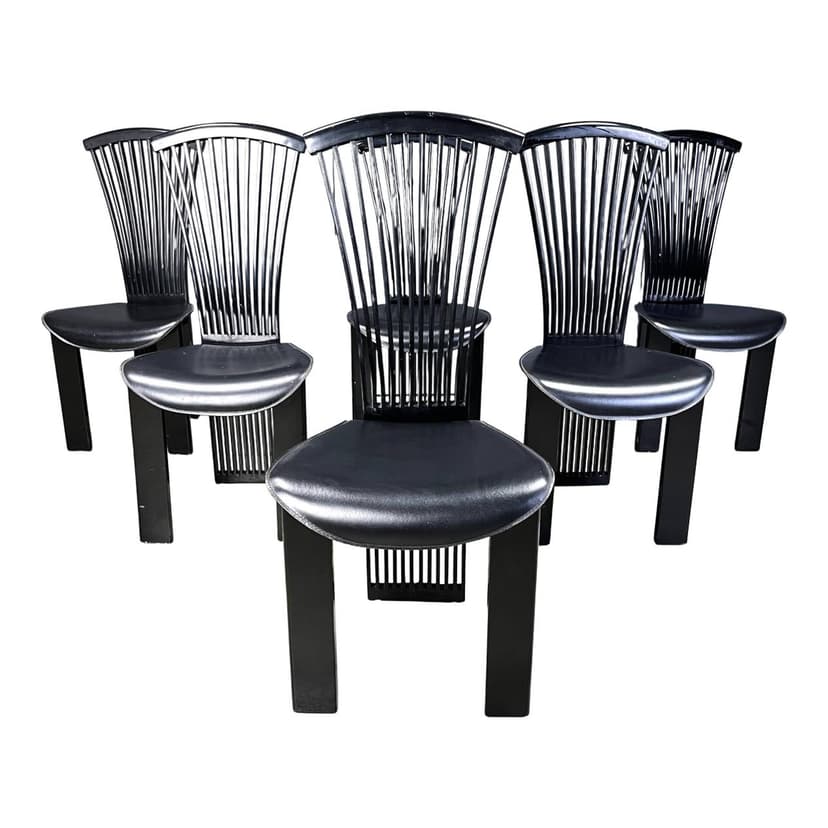 Set of six chairs Fan, black wood, black eco-leather, by P. Costantini, Italy, 1980s.
