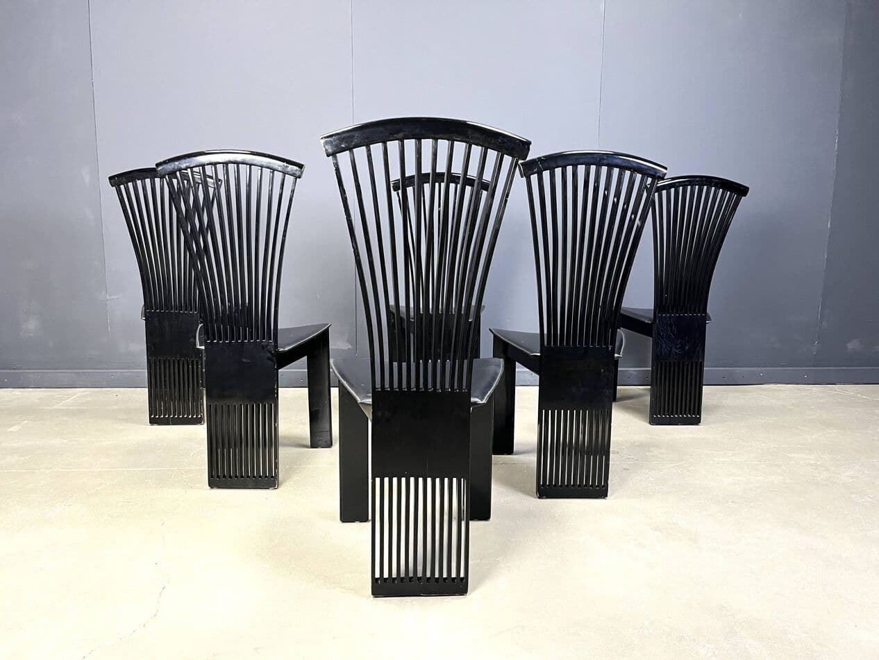 Set of six chairs Fan, black wood, black eco-leather, by P. Costantini, Italy, 1980s. - 264481