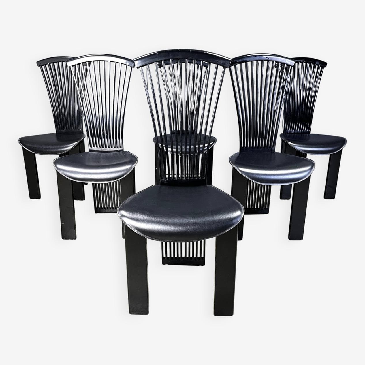 Set of six chairs Fan, black wood, black eco-leather, by P. Costantini, Italy, 1980s. - 264477