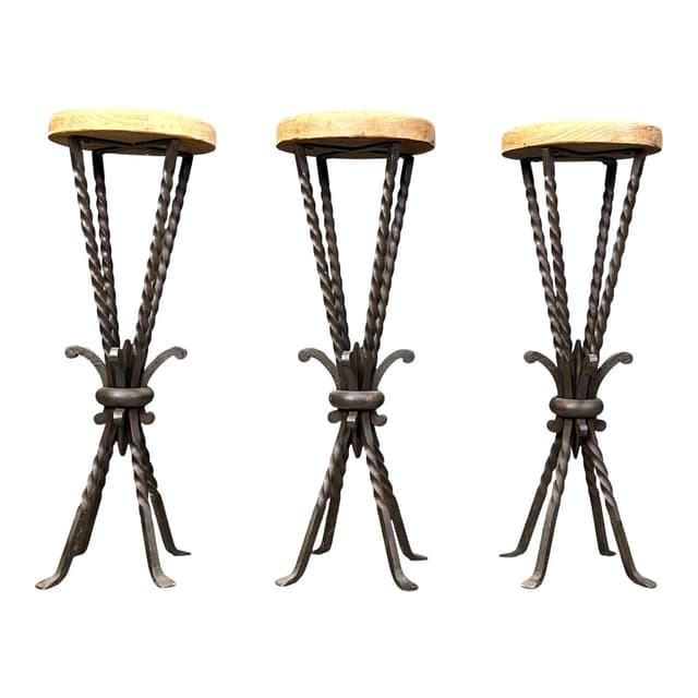 Zestaw trzech stołków barowych, dąb beżowy, żelazo czarne, Francja, lata 60. - WYMIARY