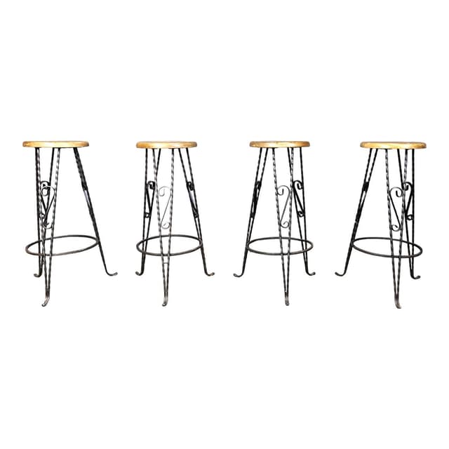 Zestaw czterech stołków barowych, dąb brązowy, żelazo czarne, Francja, lata 60. - WYMIARY