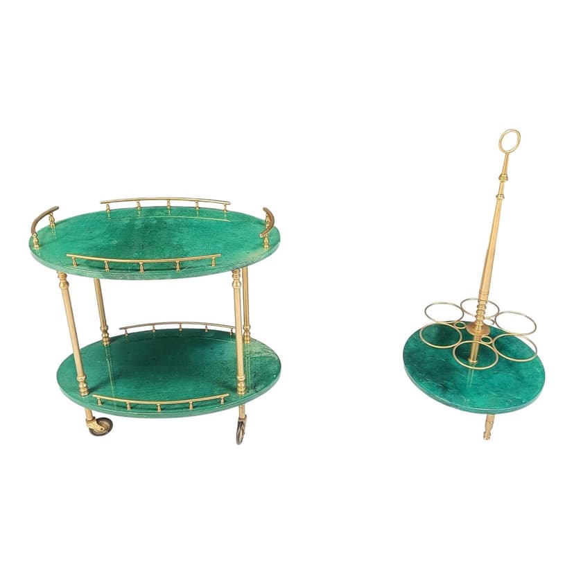 Bar cart Swan, green lacquered goatskin, brass, by A. Tura, Italy, 1960s.