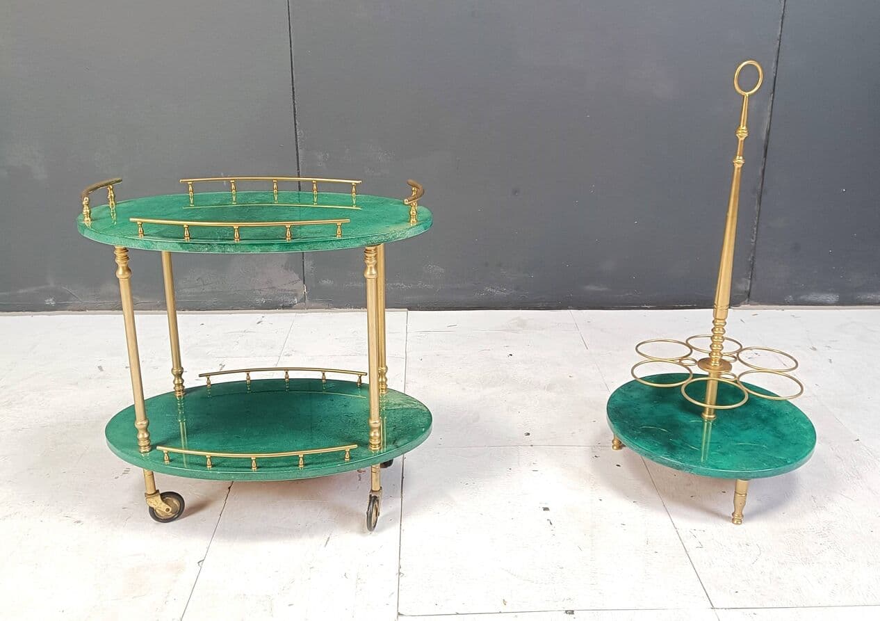 Bar cart Swan, green lacquered goatskin, brass, by A. Tura, Italy, 1960s. - 264419