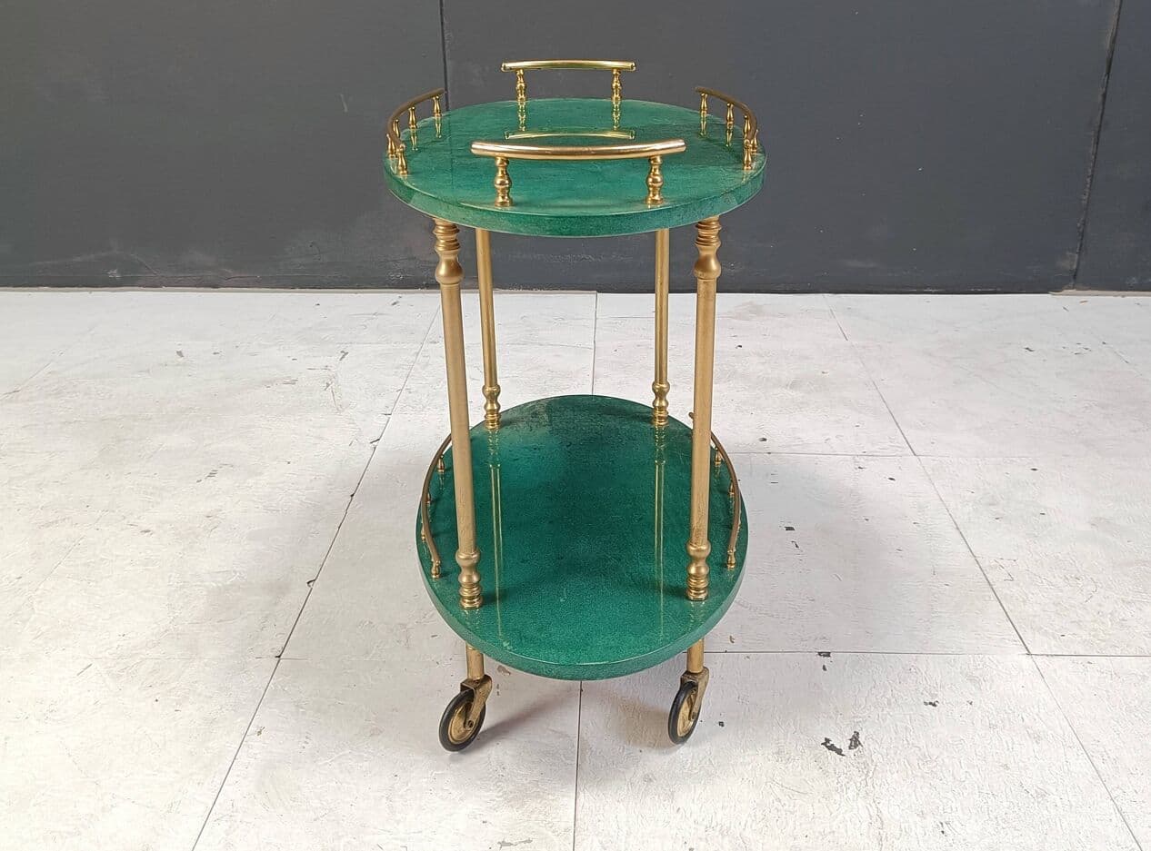 Bar cart Swan, green lacquered goatskin, brass, by A. Tura, Italy, 1960s. - 264430