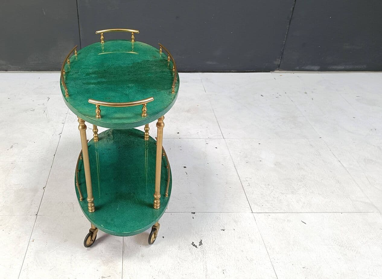 Bar cart Swan, green lacquered goatskin, brass, by A. Tura, Italy, 1960s. - 264429