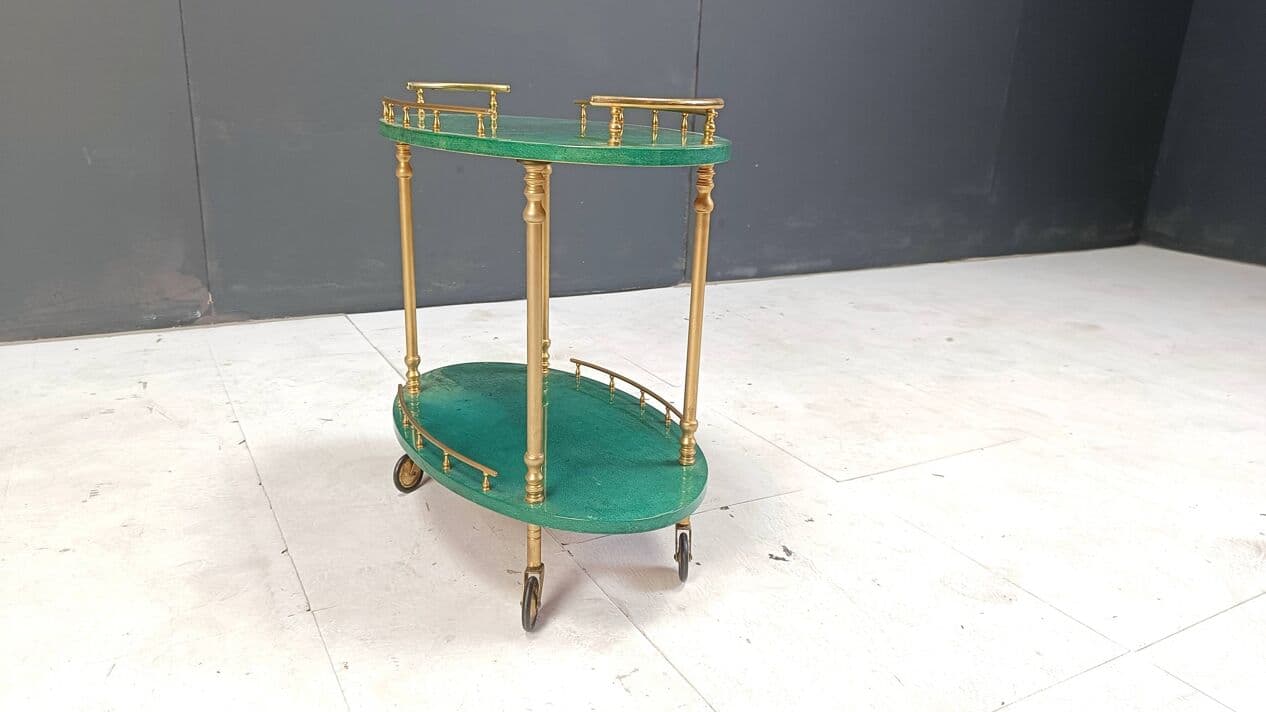 Bar cart Swan, green lacquered goatskin, brass, by A. Tura, Italy, 1960s. - 264420