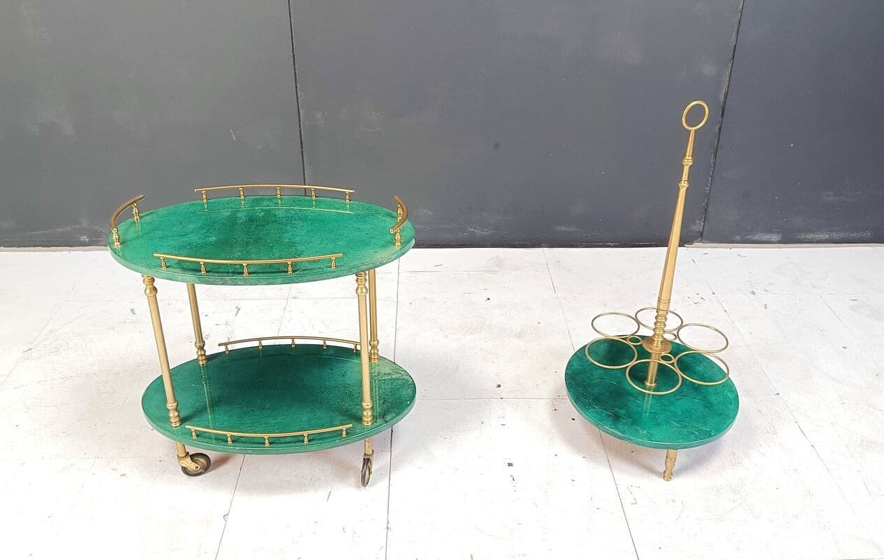 Bar cart Swan, green lacquered goatskin, brass, by A. Tura, Italy, 1960s. - 264421
