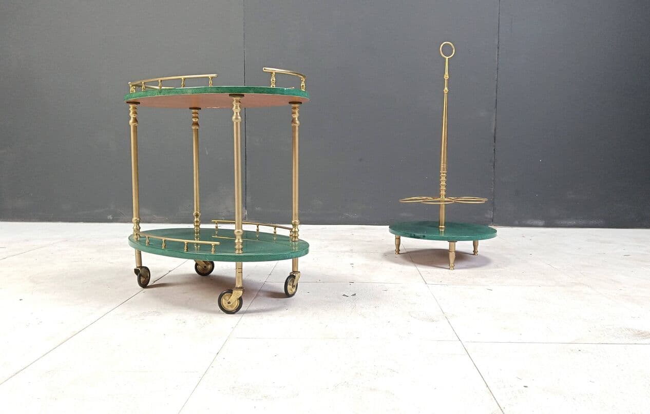 Bar cart Swan, green lacquered goatskin, brass, by A. Tura, Italy, 1960s. - 264426