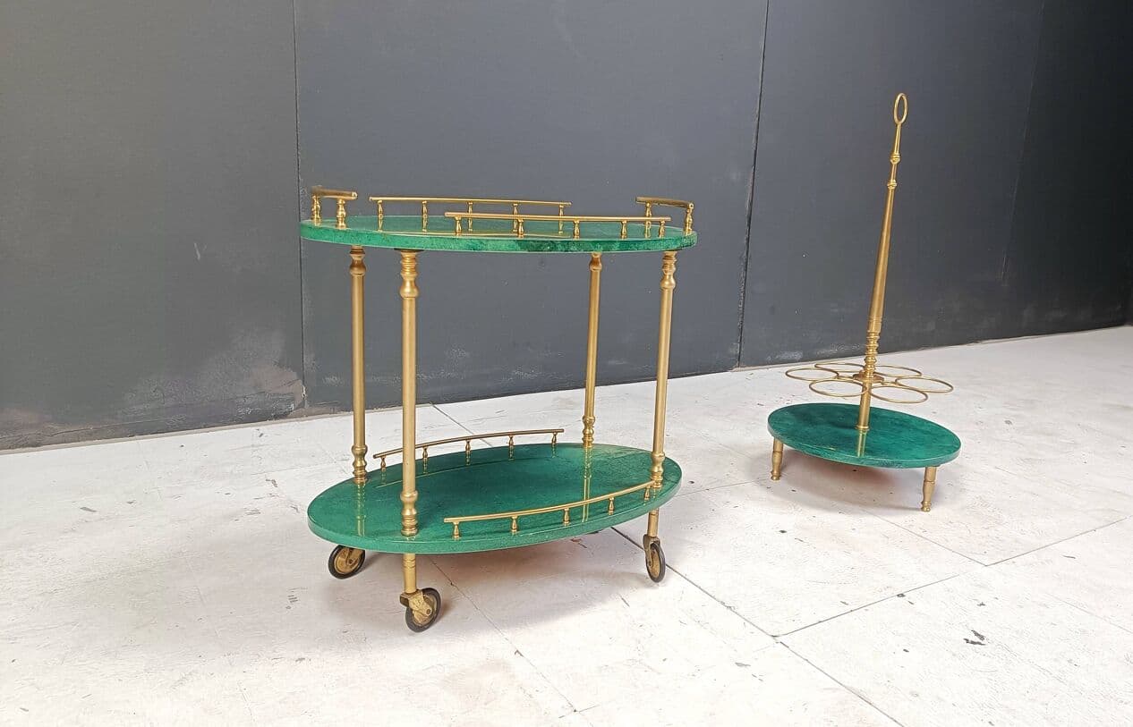 Bar cart Swan, green lacquered goatskin, brass, by A. Tura, Italy, 1960s. - 264425