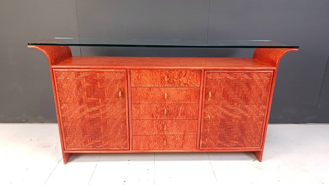 Kredens, rattan czerwony, Francja, lata 70. - 264412