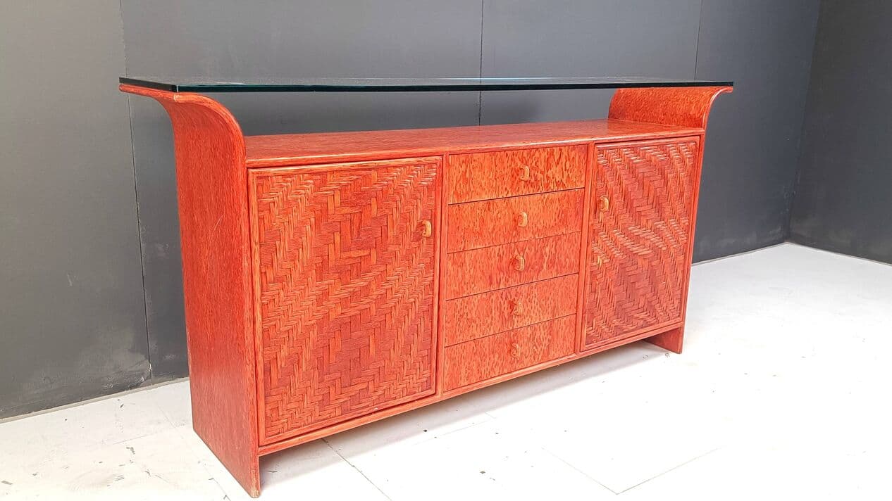 Kredens, rattan czerwony, Francja, lata 70. - 264416