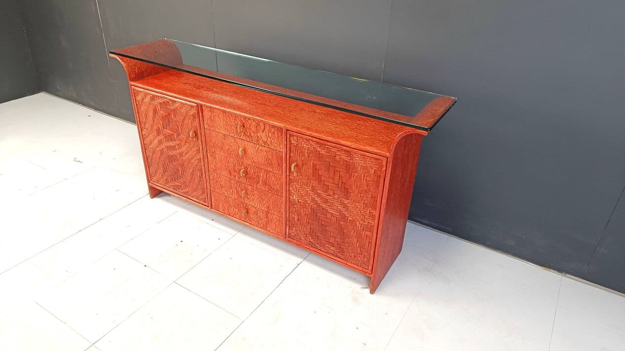 Kredens, rattan czerwony, Francja, lata 70. - 264417