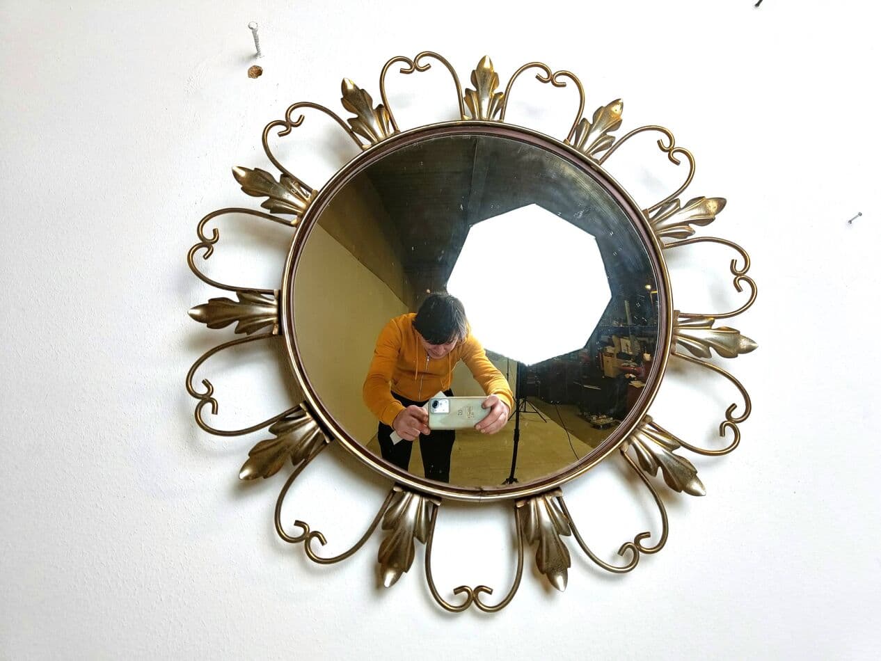 Sunburst mirror Ø45 cm, gold brass, France, 1960s. - 264381