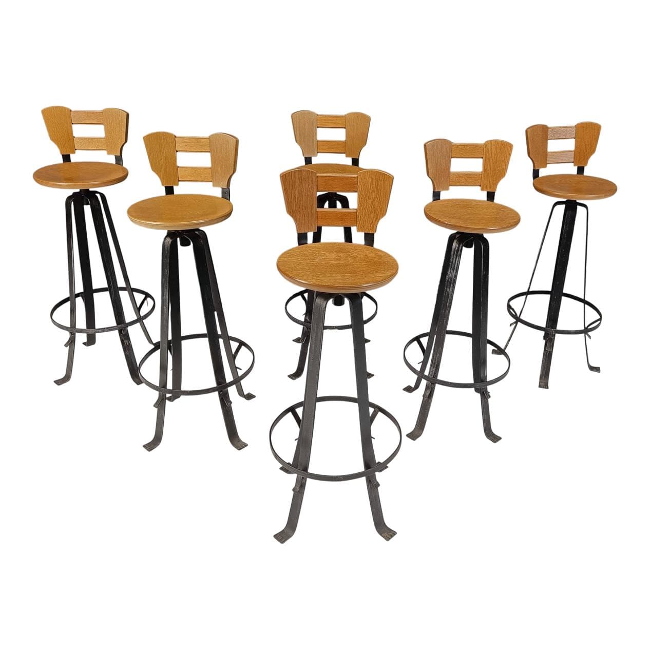 Zestaw sześciu stołków barowych brutalistycznych, drewno brązowe, żelazo czarne, Niemcy, lata 70.