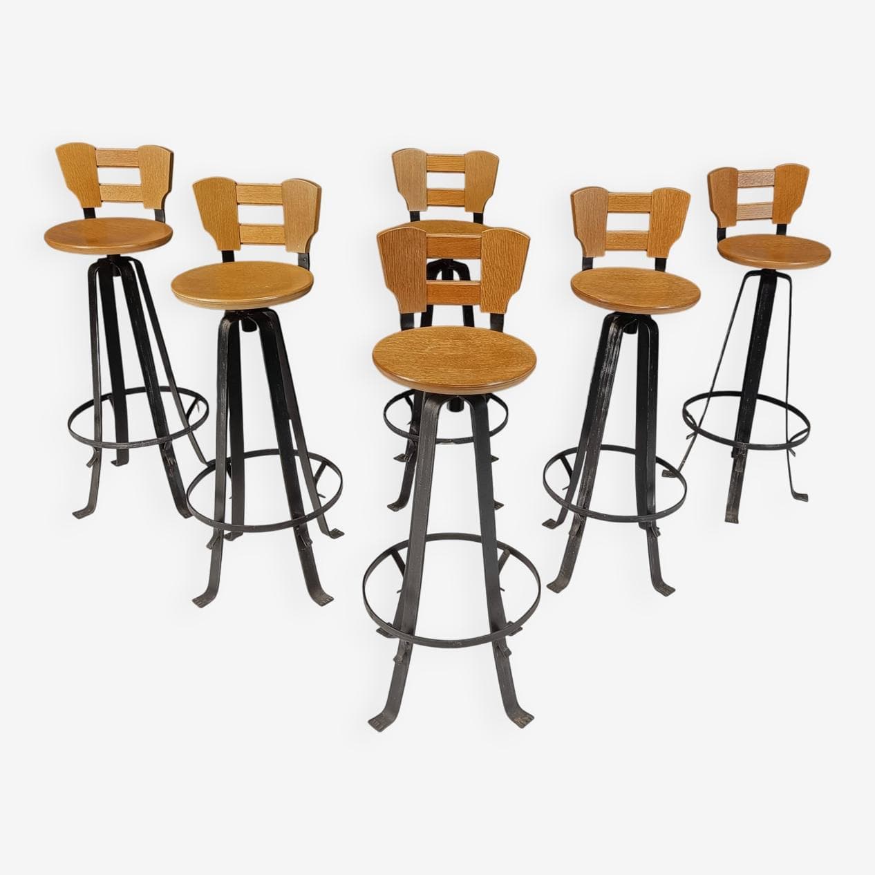 Zestaw sześciu stołków barowych brutalistycznych, drewno brązowe, żelazo czarne, Niemcy, lata 70. - 264368