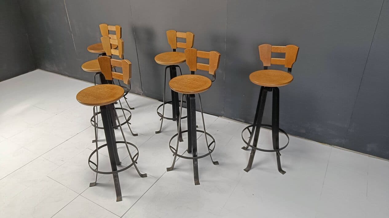Zestaw sześciu stołków barowych brutalistycznych, drewno brązowe, żelazo czarne, Niemcy, lata 70. - 264373