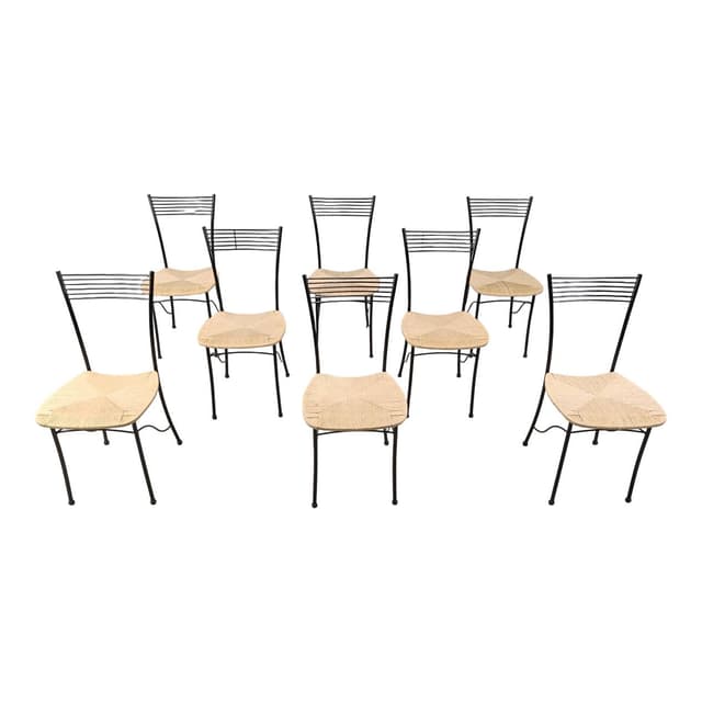 Set of eight bistro chairs, black metal, natural wicker, Italy, 1980s. - DIMENSION