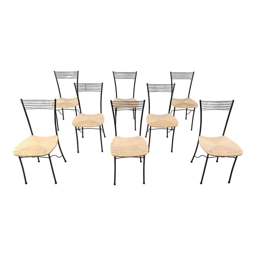 Set of eight bistro chairs, black metal, natural wicker, Italy, 1980s.