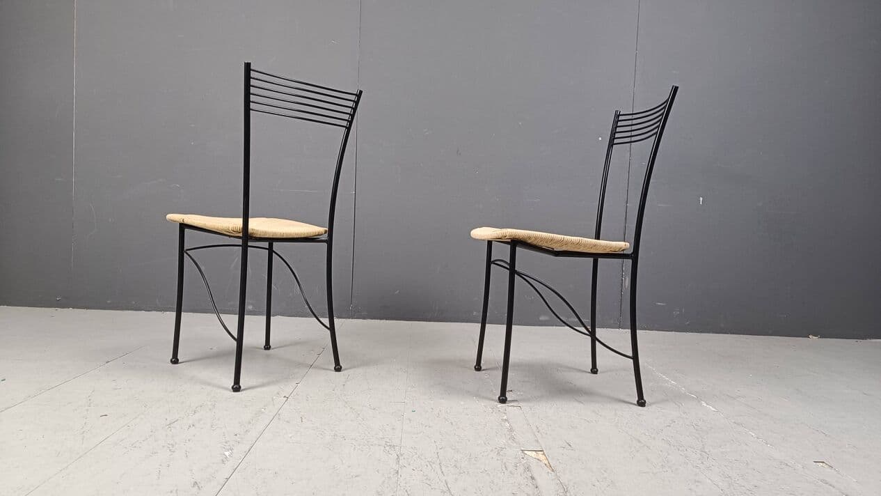 Set of eight bistro chairs, black metal, natural wicker, Italy, 1980s. - 264348