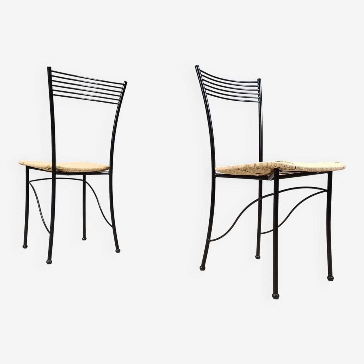 Set of eight bistro chairs, black metal, natural wicker, Italy, 1980s. - 264337