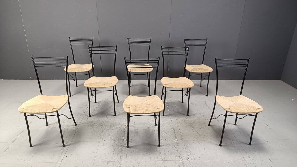 Set of eight bistro chairs, black metal, natural wicker, Italy, 1980s. - 264342