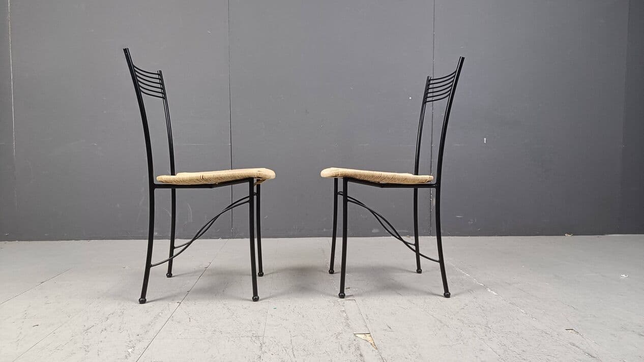Set of eight bistro chairs, black metal, natural wicker, Italy, 1980s. - 264338