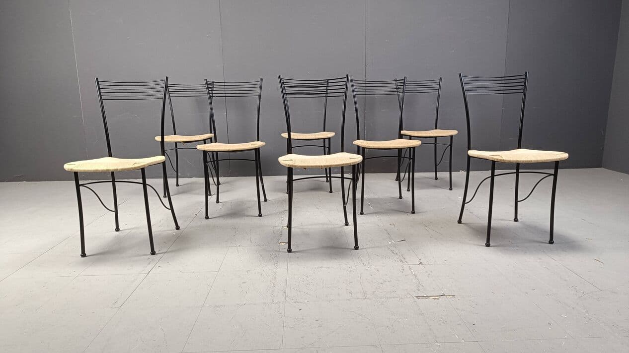 Set of eight bistro chairs, black metal, natural wicker, Italy, 1980s. - 264344