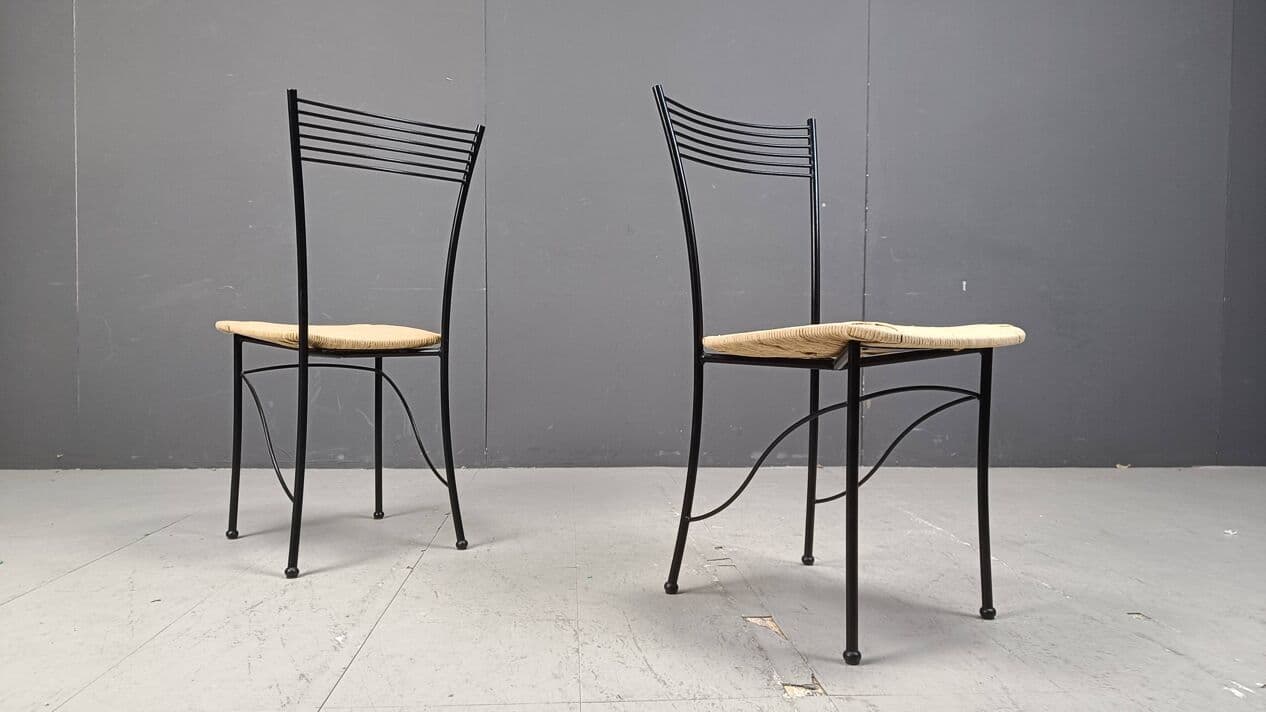 Set of eight bistro chairs, black metal, natural wicker, Italy, 1980s. - 264339