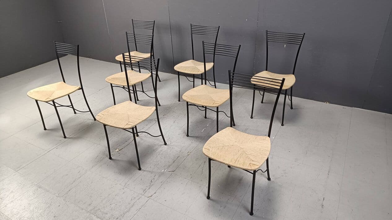 Set of eight bistro chairs, black metal, natural wicker, Italy, 1980s. - 264346