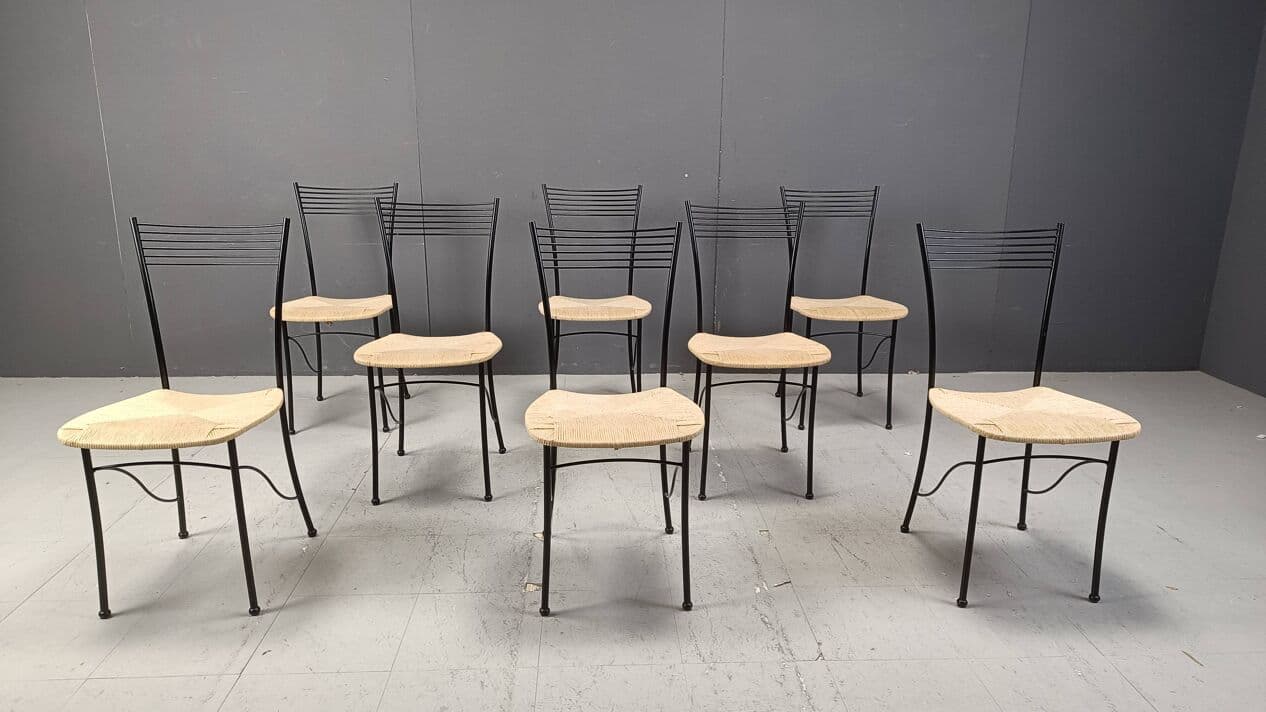 Set of eight bistro chairs, black metal, natural wicker, Italy, 1980s. - 264343