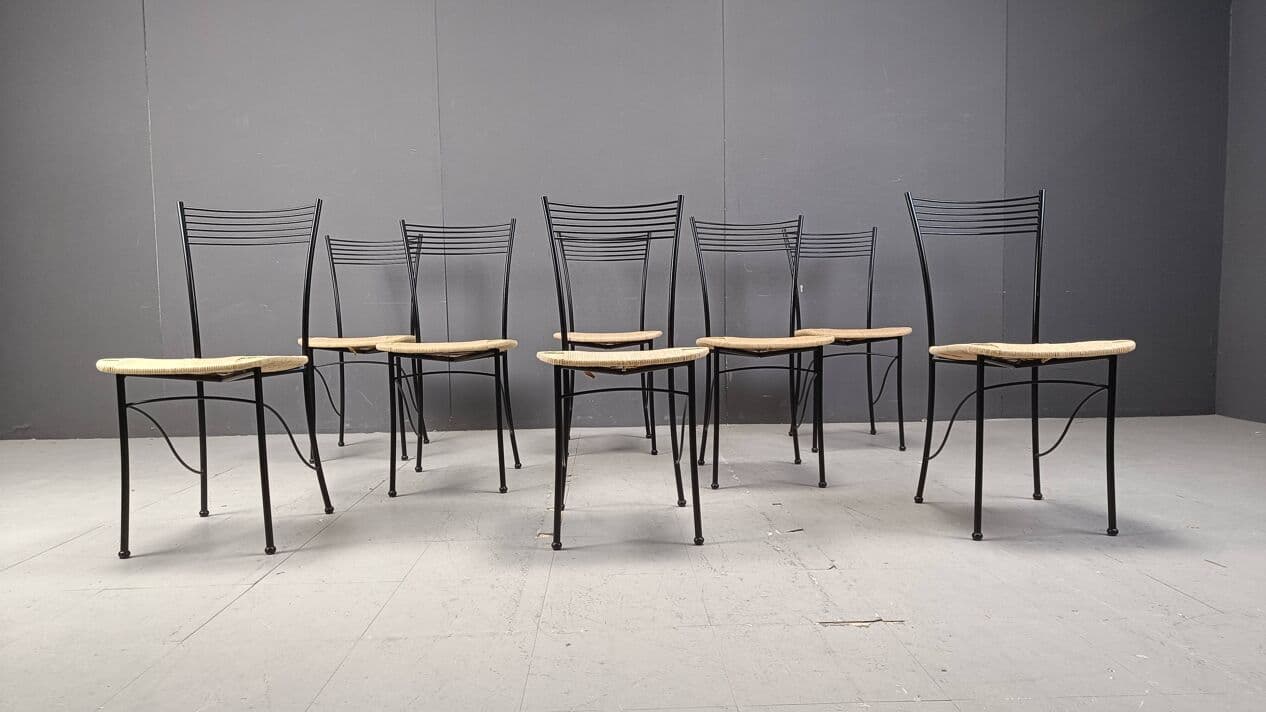Set of eight bistro chairs, black metal, natural wicker, Italy, 1980s. - 264345
