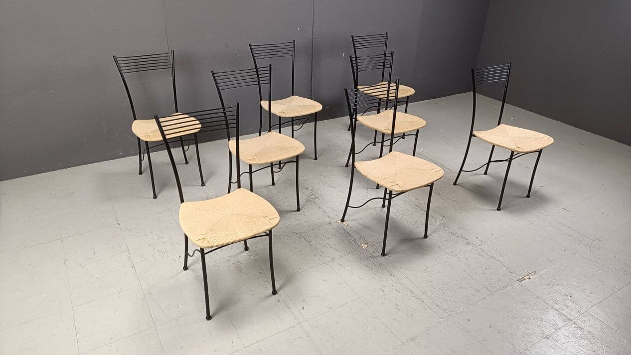 Set of eight bistro chairs, black metal, natural wicker, Italy, 1980s. - 264347