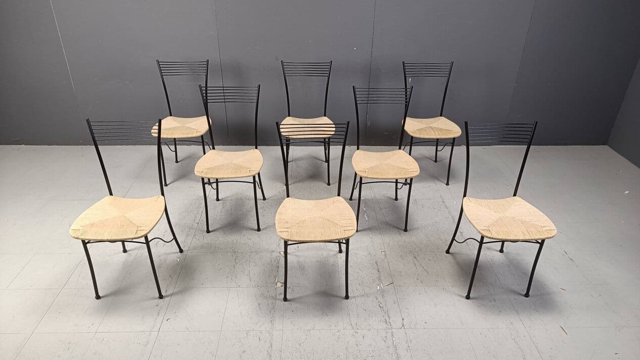 Set of eight bistro chairs, black metal, natural wicker, Italy, 1980s. - 264341