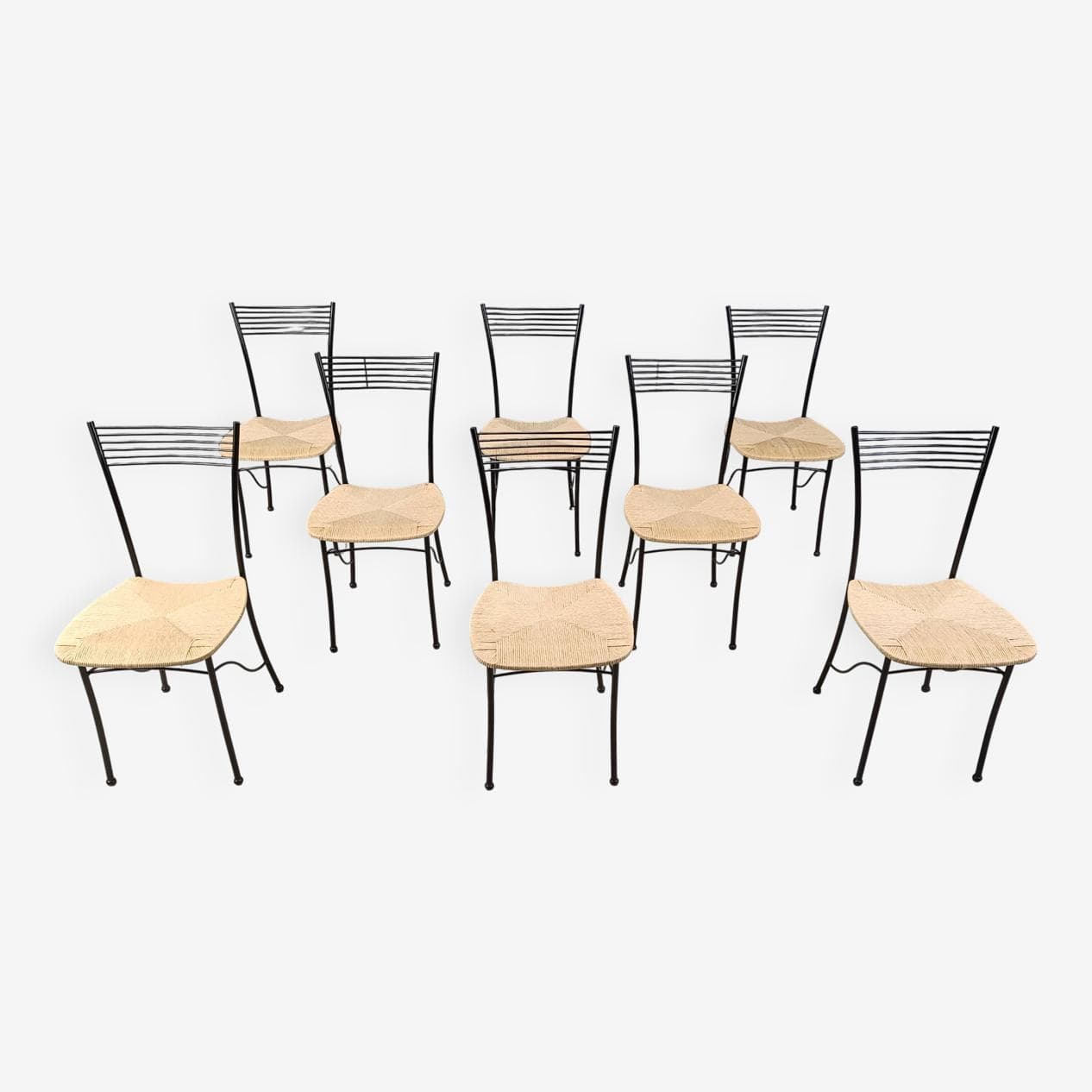 Set of eight bistro chairs, black metal, natural wicker, Italy, 1980s. - 264340